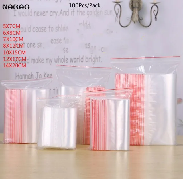 

NABAG 100Pcs/Pack Clear Self Sealing Zip Lock Plastic Storage Bags Food Storage Packaging Bags 10*15cm/8*12cm/6*8cm/5*7cm Z504
