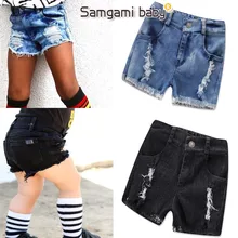 SAMGAMI/Летняя повседневная одежда для маленьких девочек; модные шорты; рваные джинсовые шорты; однотонные ковбойские штаны с эластичной резинкой на талии