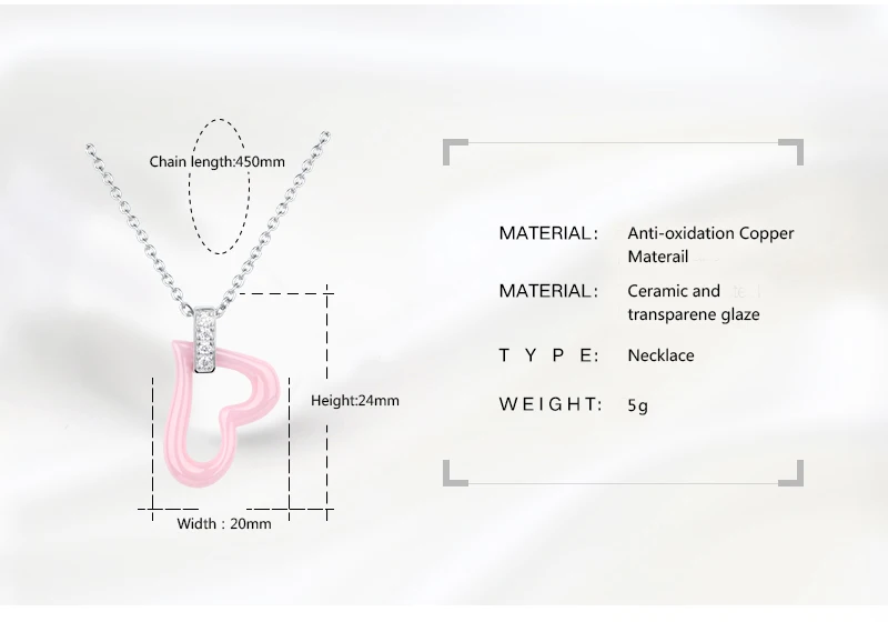 Простая кристальная подвеска в виде сердца с фианитами, ожерелье, здоровая керамическая цепочка, ожерелье s для женщин, свадебные ювелирные изделия, подарки, Белый Розовый, никогда не выцветает