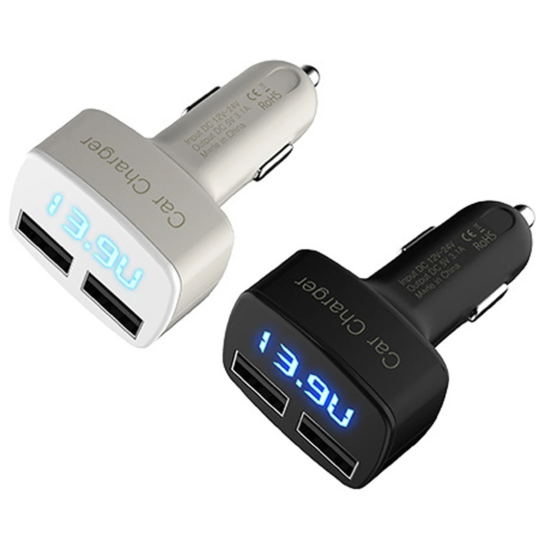 Dual USB Car Charger Voltmeter Volt Current Temperature Meters Digital