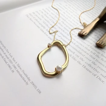 

925 Sterling Silver Golden Openwork Irregular Circle Pendant Necklace With Pearls Girls Fashion Jewelry New Dubai Necklac
