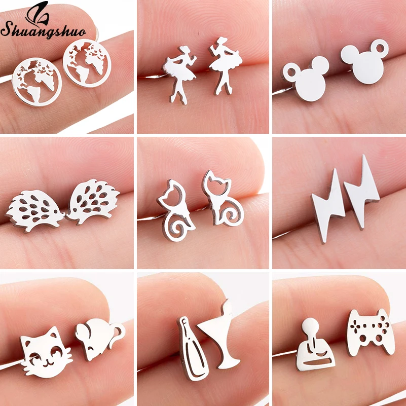 Shuangshuo/серьги из нержавеющей стали с Микки для женщин; модные серьги-гвоздики с изображением кошки и Ежика; Аксессуары для девочек; aretes