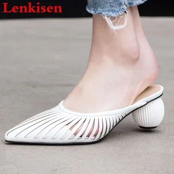 

Lenkisen natural leather new fashion slip on mules art design strange style med heels pointed toe big size party women pumps L00