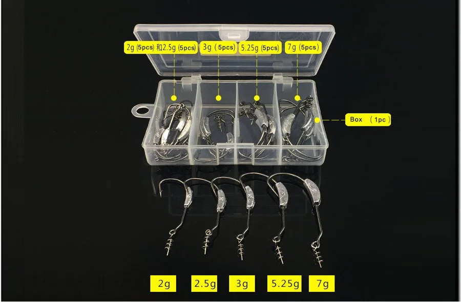 25 шт. офсетные рыболовные крючки, свинцовые Утяжеленные приманки из свинца, головная рукоятка с ложкой, мягкие приманка «Червь», крючок с Tacke Box 2g-7g