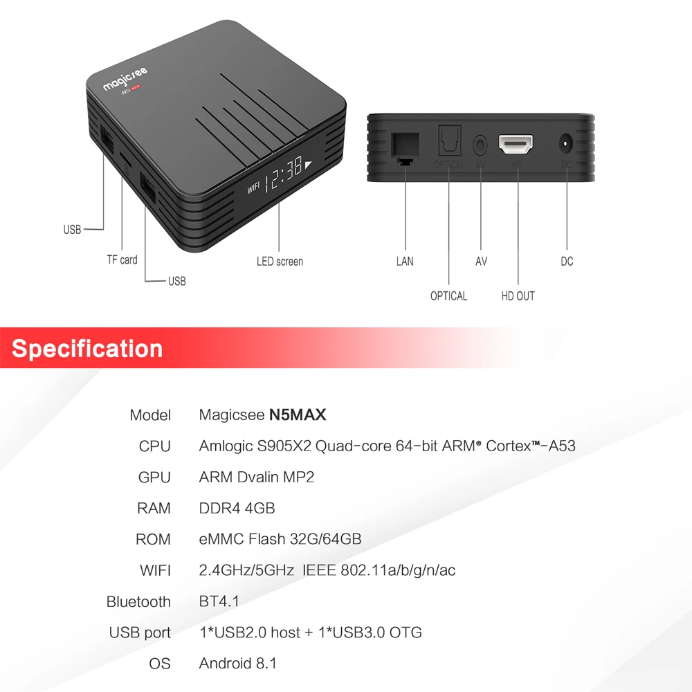 MAGICSEE N5 Max 4 K HD TV Box многоязычный андроид 8,1 Amlogic S905X2 4G Plus объемом памяти 32 Гб или 64 ГБ, Wi-Fi, Bluetooth HDMI