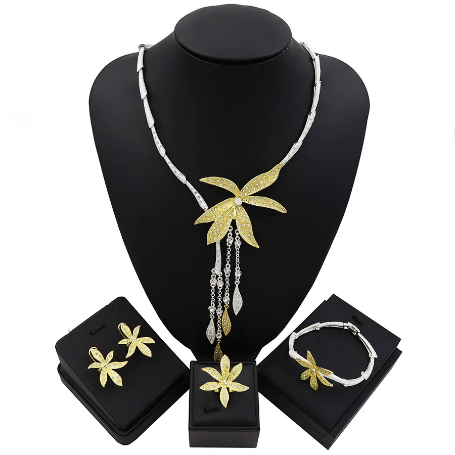 

TSROUND Nigerian Women Lily Flower Design African Gold Color Fashion Jewelry Long Elegant Necklace Set