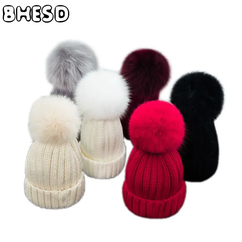 

BHESD 2017 100% Real Fox Fur Pom Pom Hat Women Children PomPom Knitted Beanie Fur Hat Winter Warm Skullies Casquette Bones JY110
