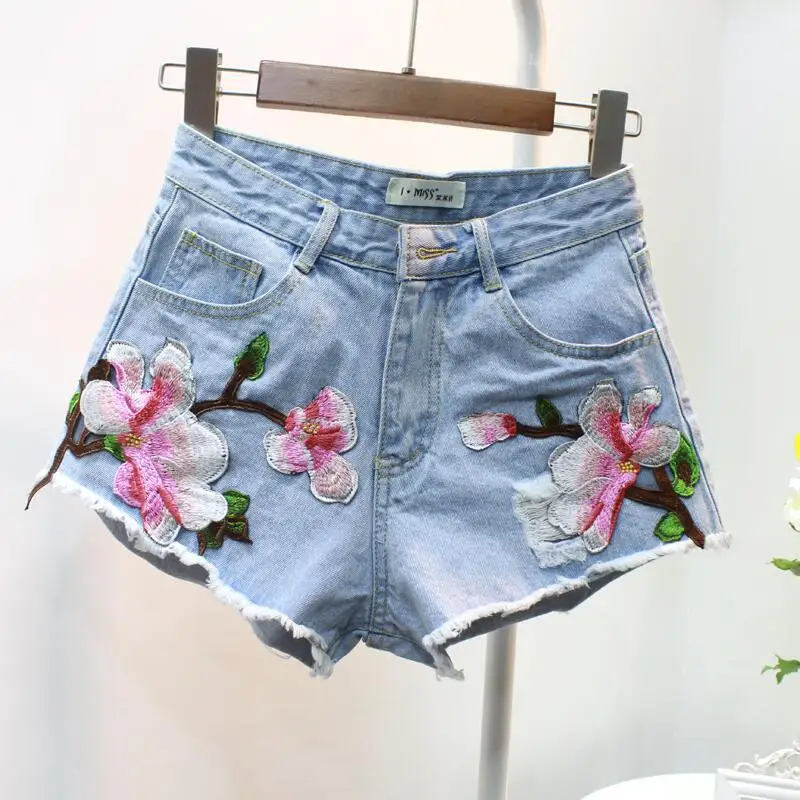 Summer Women Shorts Rose Floral Embroidery Denim Shorts High Waist Irregular Loose Legs Shorts