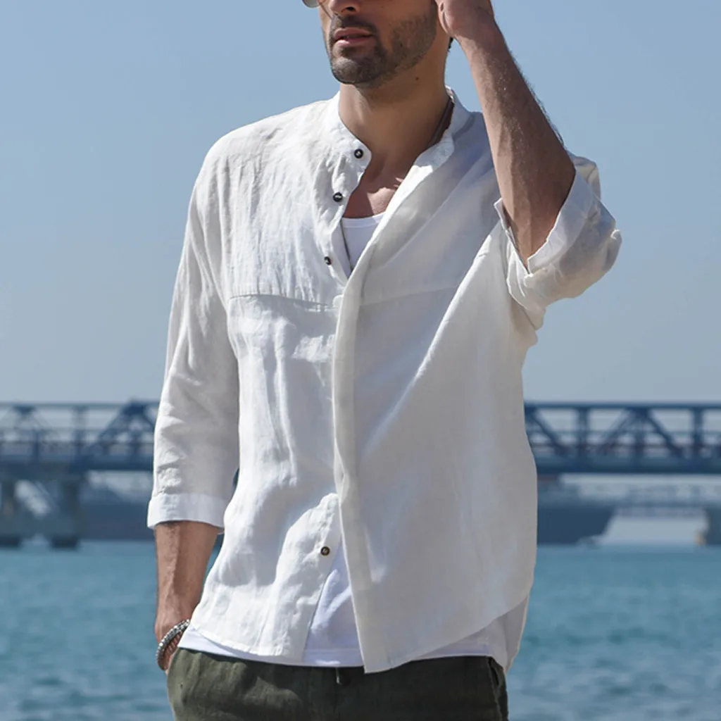 

New Men's Three Quarter Sleeve Solid Cotton Linen Casual Shirts Shirt Turn-Down Neck Cotton Chinese Style Summer Beach Top JUNE