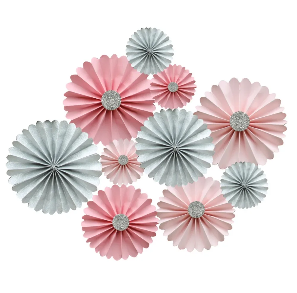 Pink and Silver Glitter Rosette Backdrop Paper Fans Candy Buffet Decor