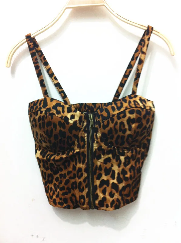 

2015 Leopard Print Crop Top Tank with Elastic Bandage Camisole Straps Bustier Cropped Tops Padded Bra Vest Tanks Camis for Women