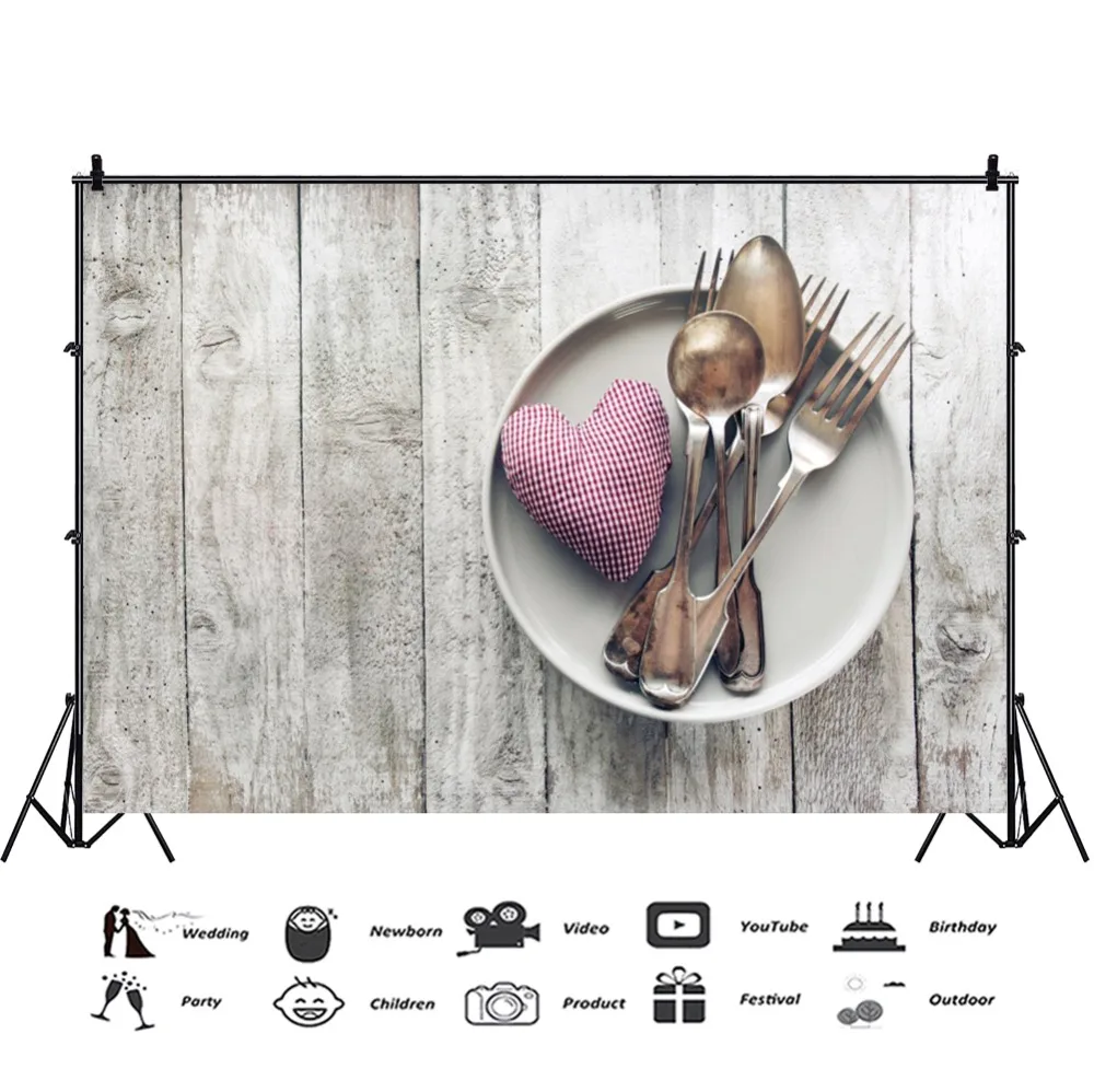 Laeacco Wooden Boards Wall Heart Plate Cutlery Baby Portrait Scene Photography Background Photographic Backdrop For Photo Studio
