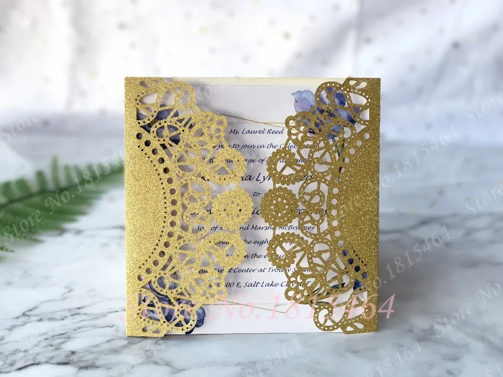 

50pcs Luxury glitter paper invitation card fancy laser cut flower personalize wedding banquet event greeting card favor