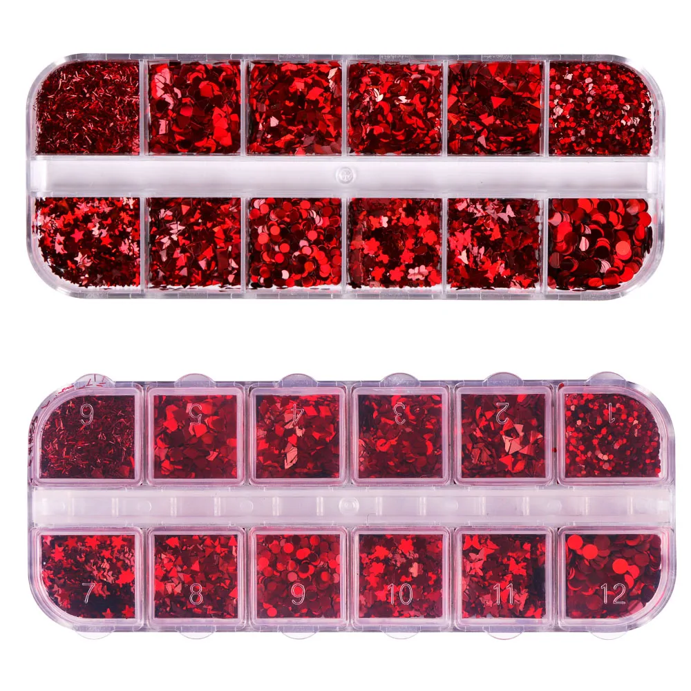1 juego Sexy rojo uñas lentejuelas triángulo/redondo/Estrella 3d brillo uñas copos espejo manicura puntas uñas arte decoración LA027