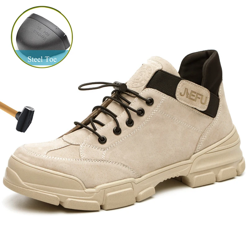 

Men Safety Shoes Breathable Pig Suede Steel Toe Cap Men's Outdoor Work Anti-slip Steel Puncture Proof Construction Safety Boots