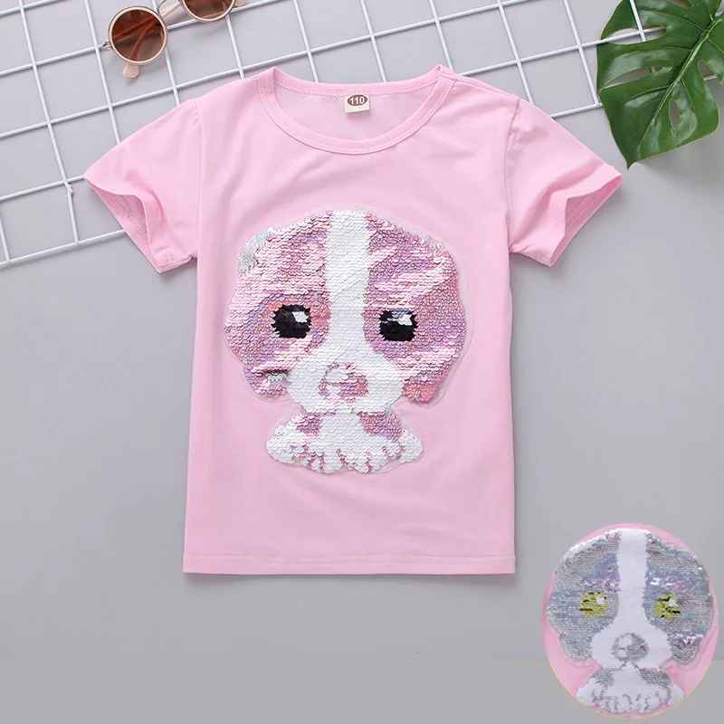 Pink (dog) Футболка с блестками для маленьких девочек г. Летние топы, Детская футболка для девочек, одежда Топ для девочек-подростков, детские футболки разных цветов - Цвет: Pink (dog)