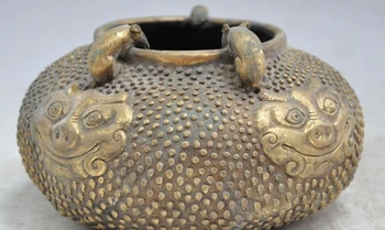 

6" old chinese bronze mice mouse beast head statue Tanks pot jar bottle Crock