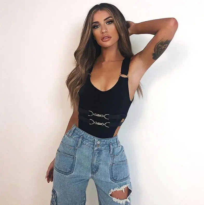 

2019 spring new metal buckle stitching waist halter shirt sexy shirt