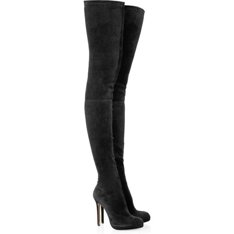 Women Black Thigh High Boots Woman Long Stretch Suede Over the Knee Boots Ladies Round Toe Platform High Heel Winter Shoes