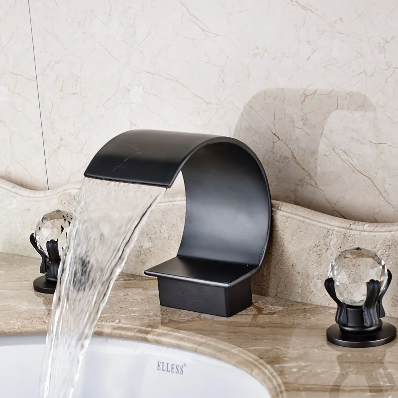 Modern Crystal Two Handles Bathroom Sink Faucet Deck Mounted Waterfall Bath Spout Mixer Taps