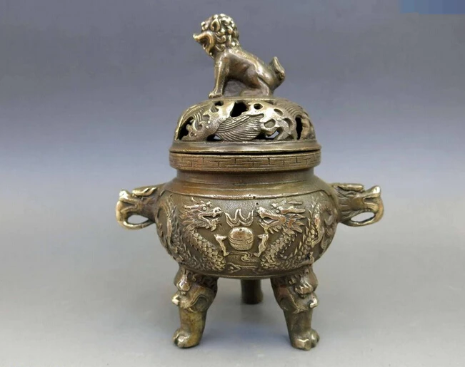wholesale factory China brass copper carved Foo Dogs Lion Two Dragons Incense Burner censer Statue | Дом и сад