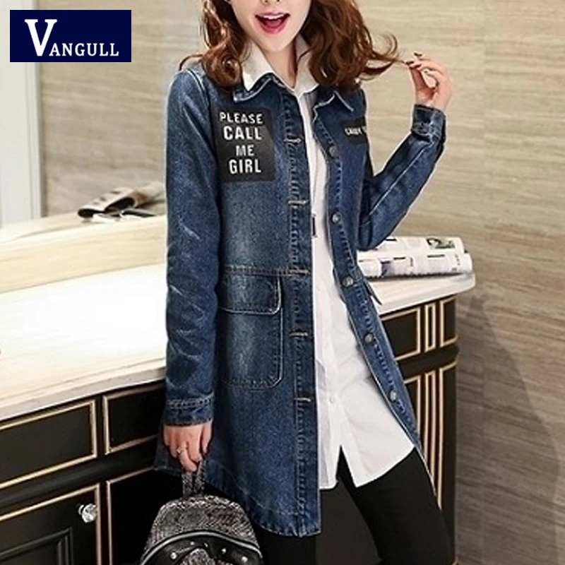 Vangull Women Denim Jackets Autumn New Casual Long Sleeve Female Letter Print Jean Coat Single Breasted Plus Size Loose Tops