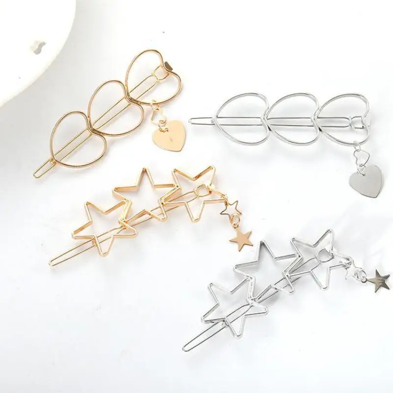 

New Popular Cute Delicate Sweet Girl Heart Metal Hollow Three Five-pointed Star Heart Folder Liu Hai Clip Wedding Accessories