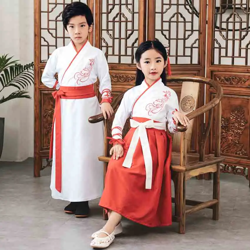 

Chinese Traditional Kids Stage Performance Costumes 110-160cm Boys Gown Girls Dress Embroidery Hanfu Children Man Tang Suit