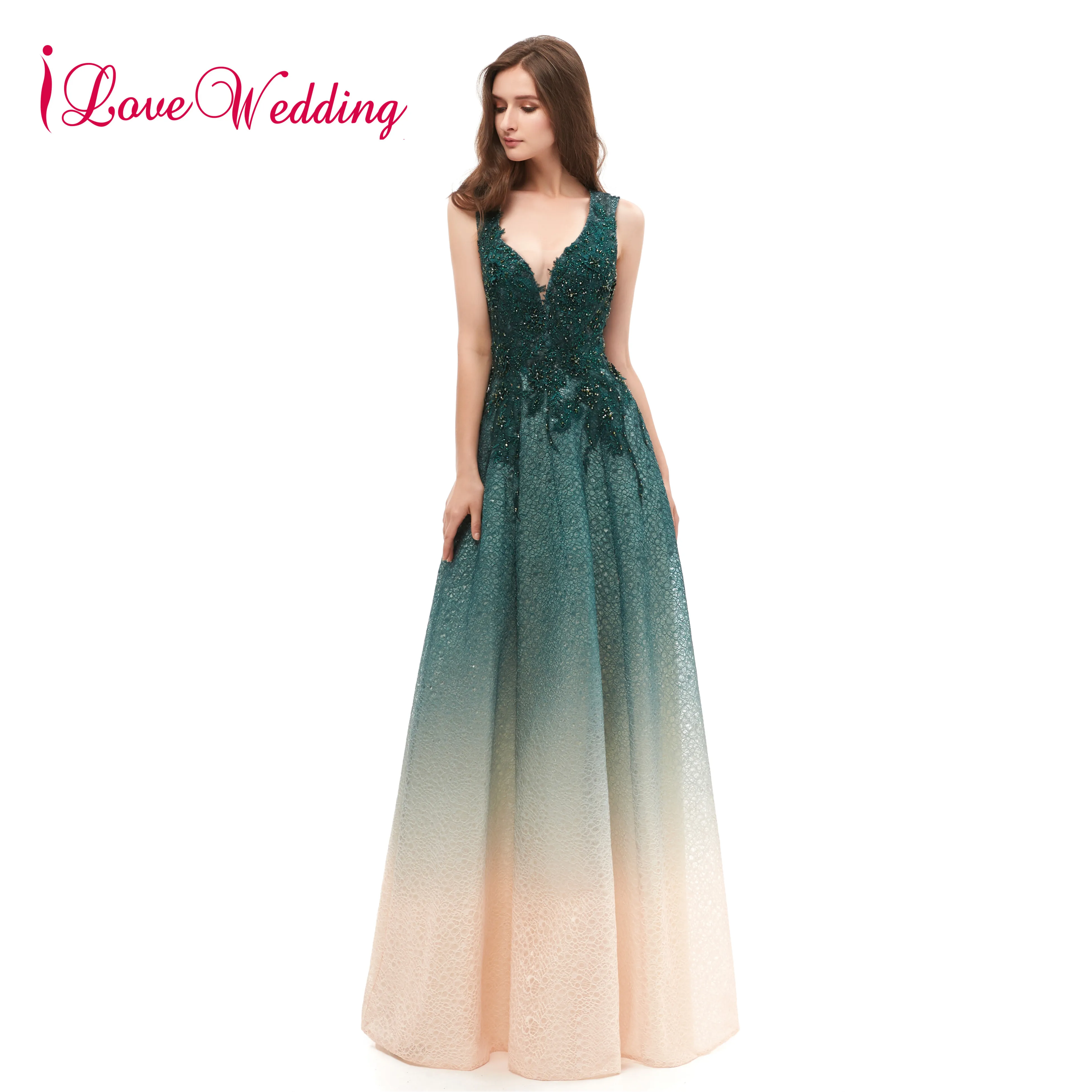 

New Arrival 2019 Sexy V Neck Evening Dresses Green Lace Applique Beaded A Line Formal Long Evening Dresses for Party