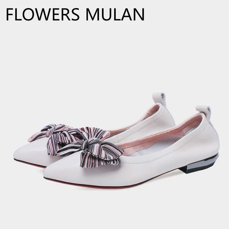

Chic Butterfly-knot Girl Flats Poinetd Toe Soft Rubber Heels Zapatos De Mujer Shallow Slip On Loafers Pink Beige Ballet Flats