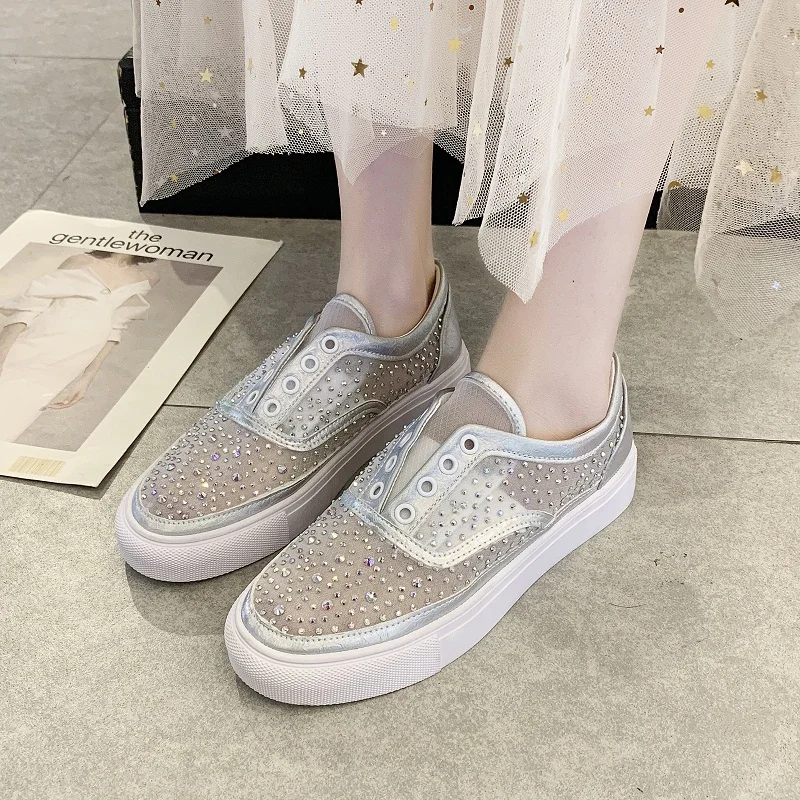 

2019 Summer Women Shoes Slip-on Flat Breathable Mesh Sneakers Casual Comfortable Vulcanized Shoes Rhinestone White Sneakers