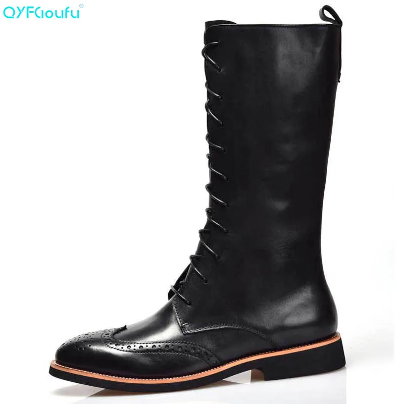 

Hot Selling Black Zipper Brogue Men Martin Boot Lace Up Cowboy Motorcycle Boots Genuine Leather Knee-high Long Boots