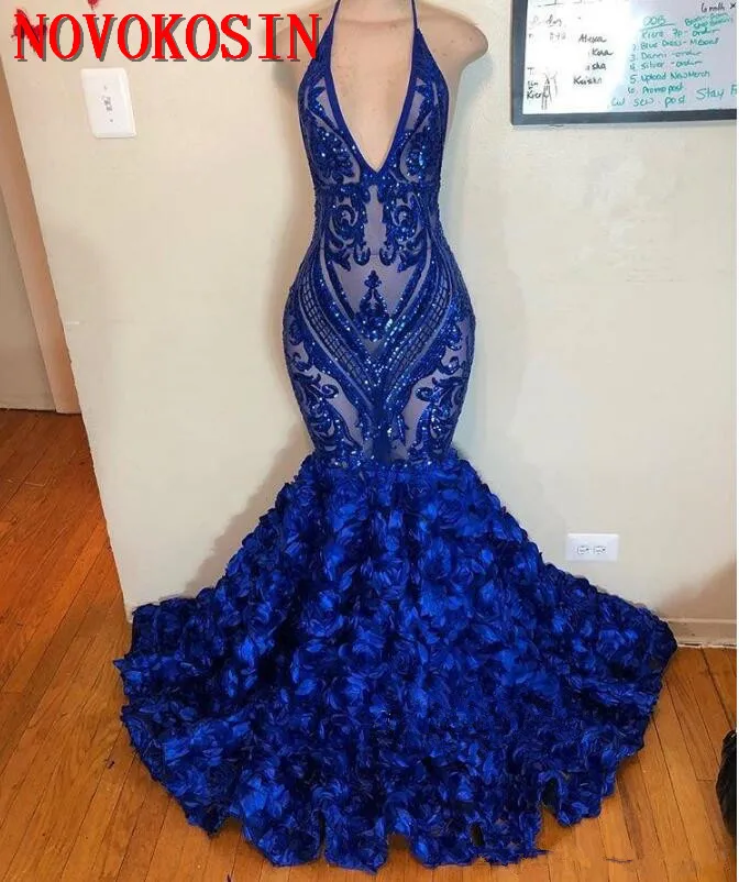 

2019 Custom Made Deep V Neck Backless Mermaid Illusion Prom Gowns With Flowers Bottom Royal Blue Sequin Lace Evening Dresses