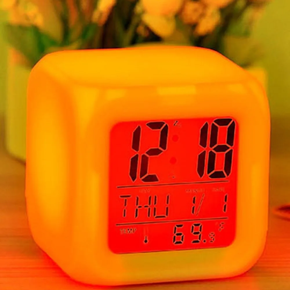 Portable Lovely Fashion 7 Colors Change Square Digital Alarm Clock with LCD Screen Display Luminous Mode Home Office Use