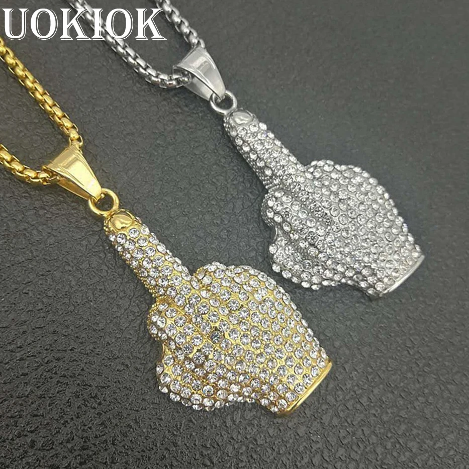 

Hip Hop Men Gold Color Full Rhinestone Middle Finger Necklace Pendant Stainless Steel Iced Out Pendant & Chain Hiphop Jewelry