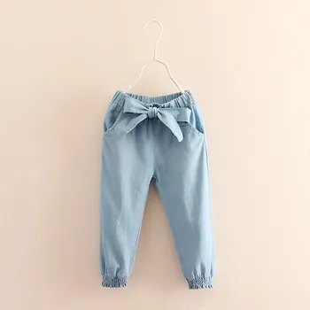 

Baby Girl Jeans 2018 Casual Spring Autumn 2 3-8 9 10 11 12 Years Teenage Children Elastic Bow Lantern Denim Jeans For Girls Kids