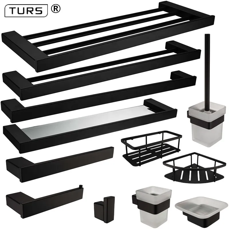 Sus 304 الفولاذ المقاوم للصدأ الأجهزة الحمام مجموعة جديدة الأسود ماتي ورقة حامل حامل منشفة بار