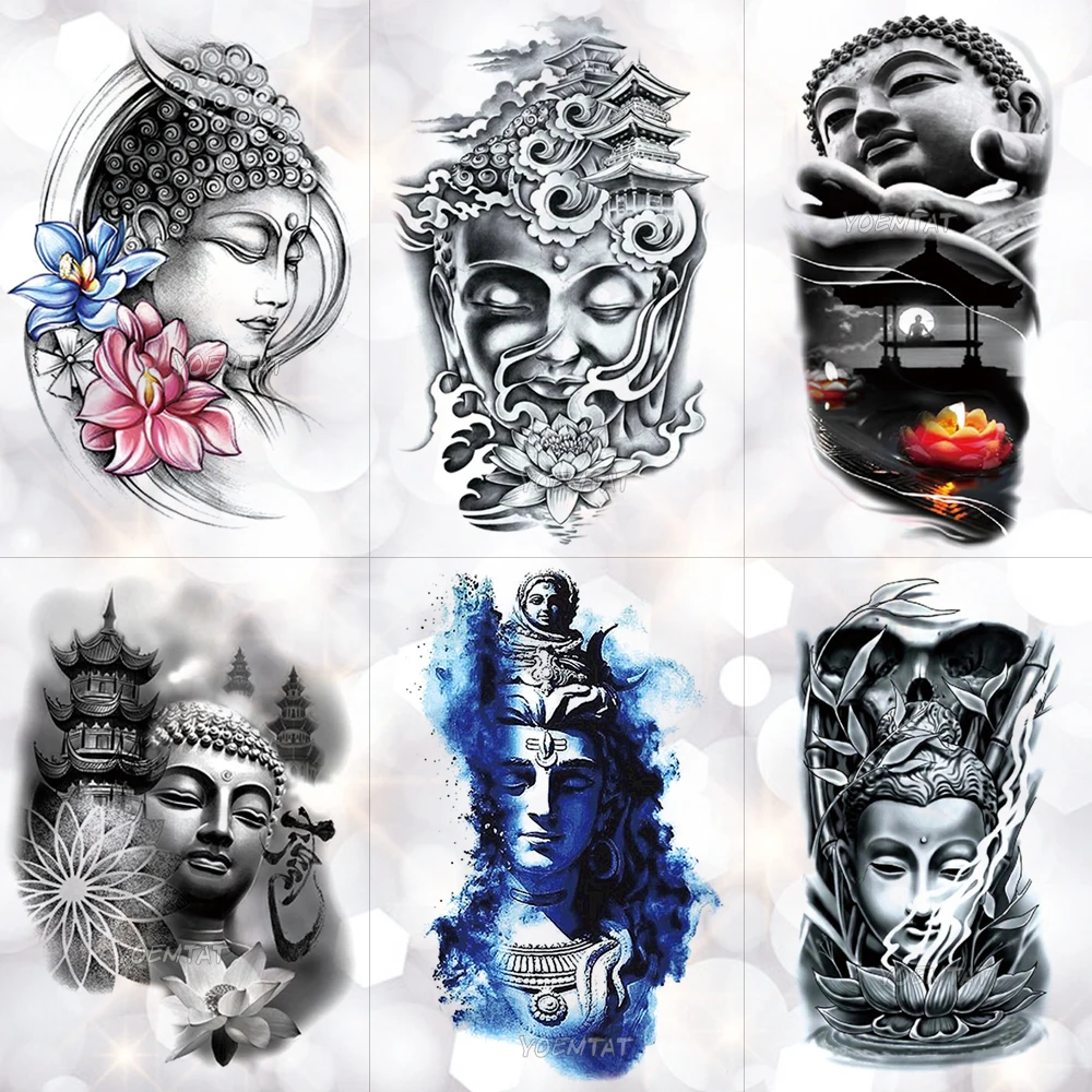 Buddha Sakyamuni Waterproof Temporary Tattoo Sticker Bamboo Lotus light Tower Flash Arm Tattoos Body Art Fake Tatoo