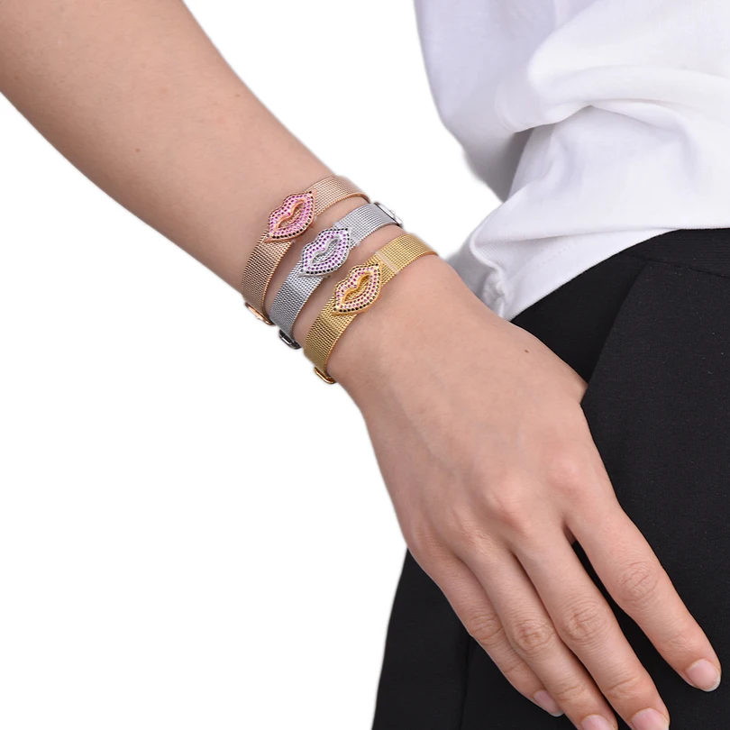 Pipitree розовый кубический циркониевый Подвеска "губы" браслет из нержавеющей стали сетка цепь Модные браслеты для женщин ювелирные изделия Pulsera
