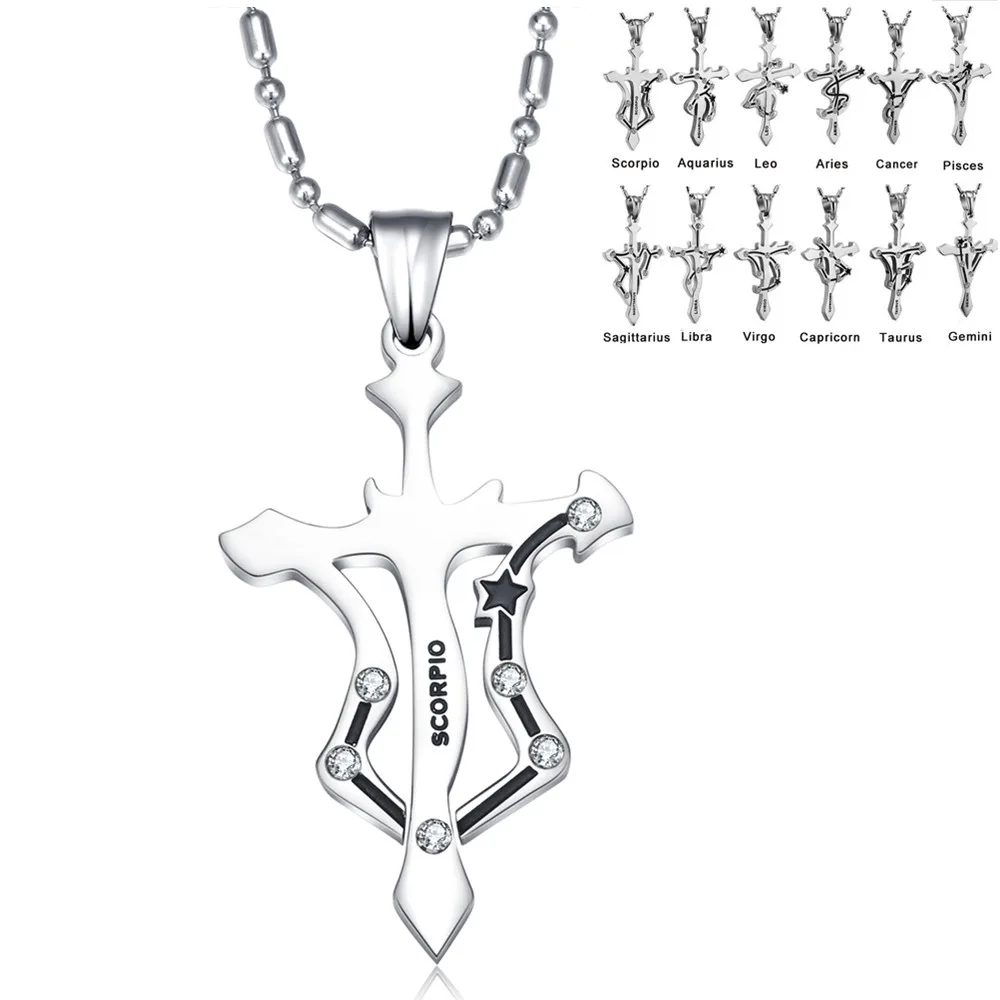 Stainless Steel Pendant Chain 12 Zodiac Aries Taurus Gemini Cancer Leo Scales 