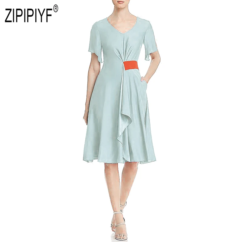 

Simple Design Fashion Women Dresses Color Block V Neck Short Sleeve Silk Dress High Waist Slit Short Elegant Office Dress Z2073