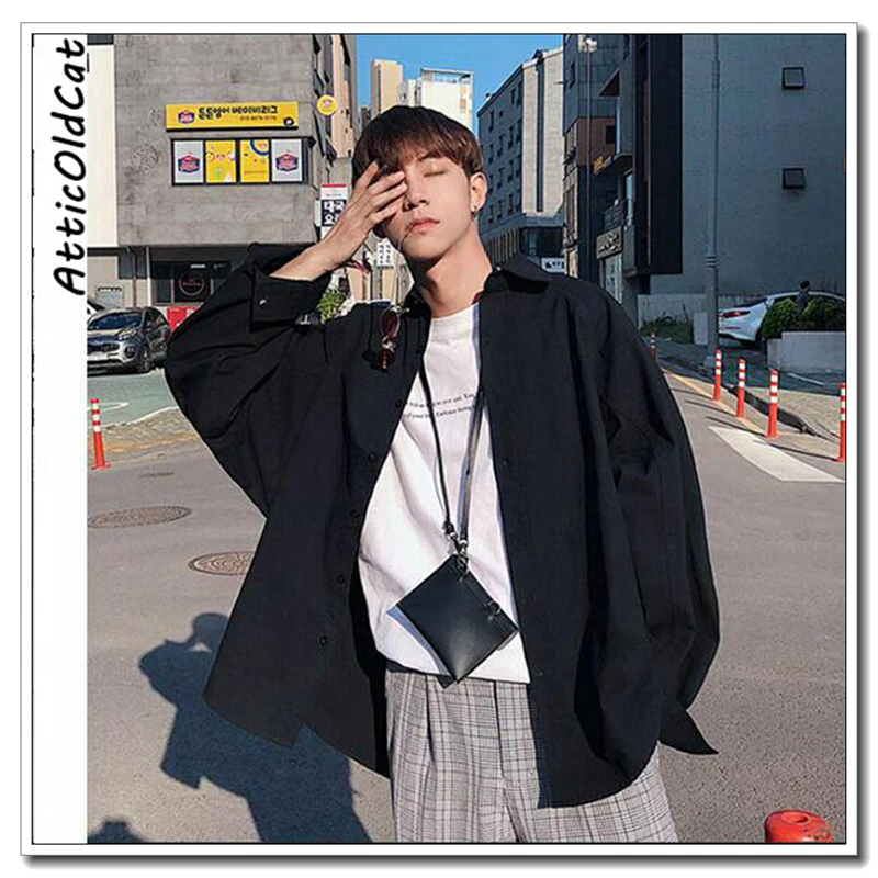 Men Clothes 2019 Mens Oversized Long Sleeve Solid Black Shirts Male Korean Fashions Casual Button Up Couple Shirt