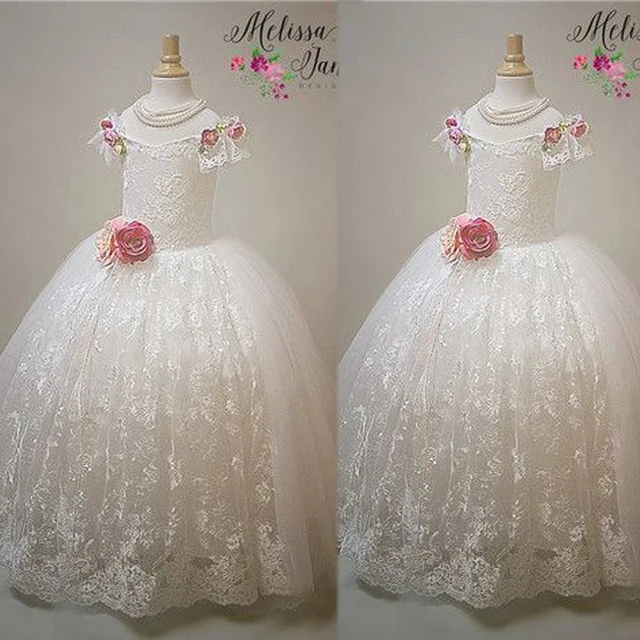 Best price at $132 Cheap White Little Girls Party Dresses V Neck Lace Lace Hand Made Flowers Ball Gown Little Flower Girls' Dresses 2016