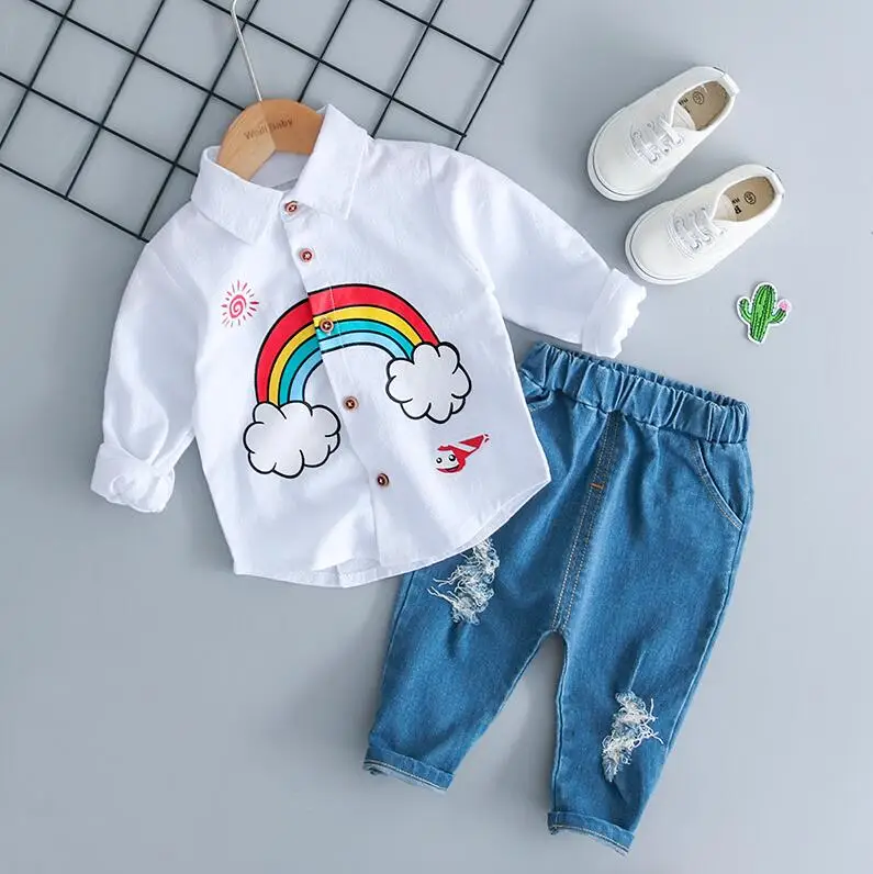 ZWXLHH/весенне-осенние комплекты одежды для маленьких мальчиков комплекты детской одежды футболка с рисунком+ джинсы повседневный костюм для малышей, новинка, коричневый цвет - Цвет: Белый