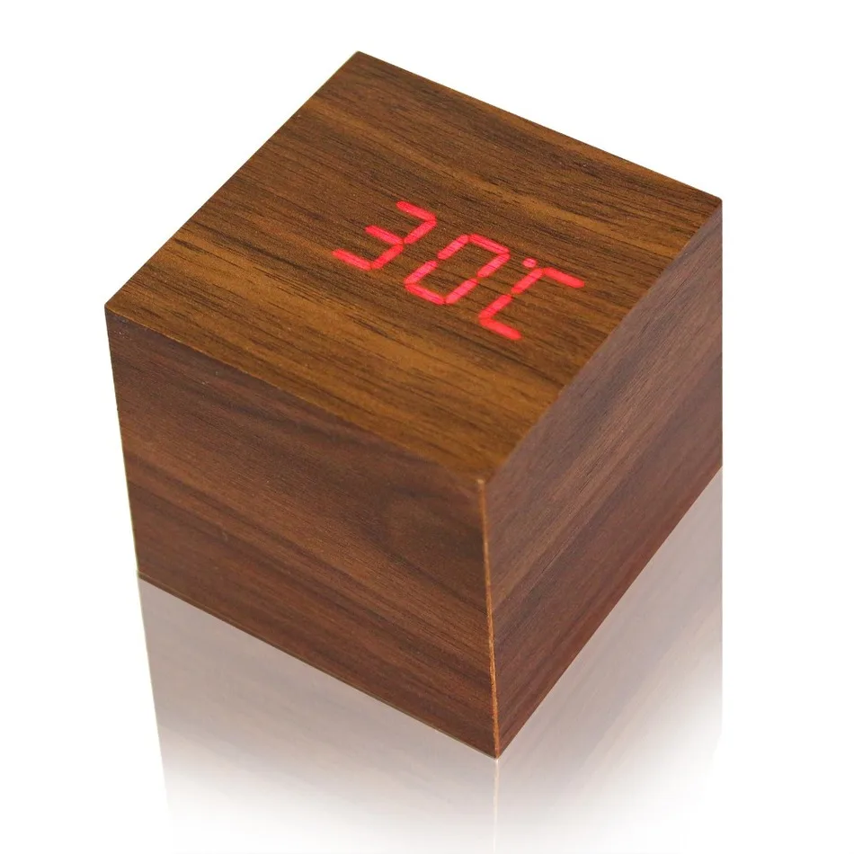 Cube wooden LED Alarm Clock despertador Temperature Sounds Control LED display electronic desktop Digital table clocks