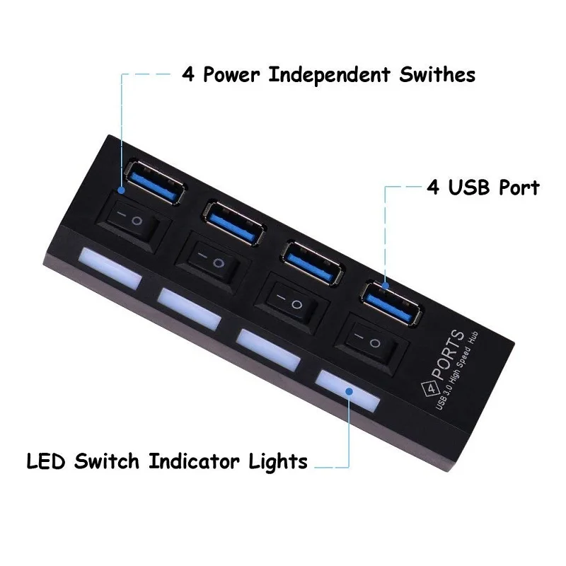 

USB 3.0 HUB High Speed Data 5Gbps 4 Ports Mini Individual Splitter Switchs Reader With Power Adapter Portable For PC Laptop Mac