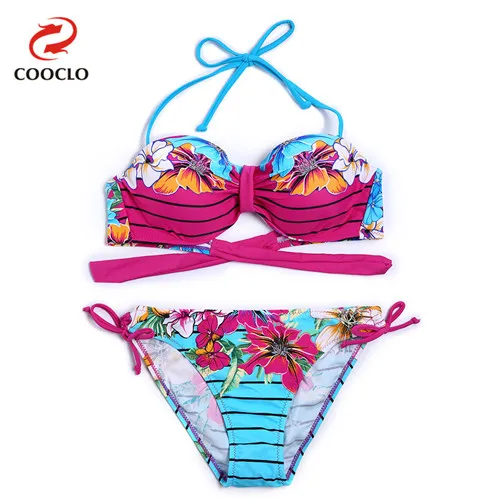 COOCLO комплект бикини бандо Топ с принтом купальный костюм Женская одежда для плавания купальный костюм Maillot De Bain бикини пуш-ап Пляжная одежда - Цвет: 5557Pink