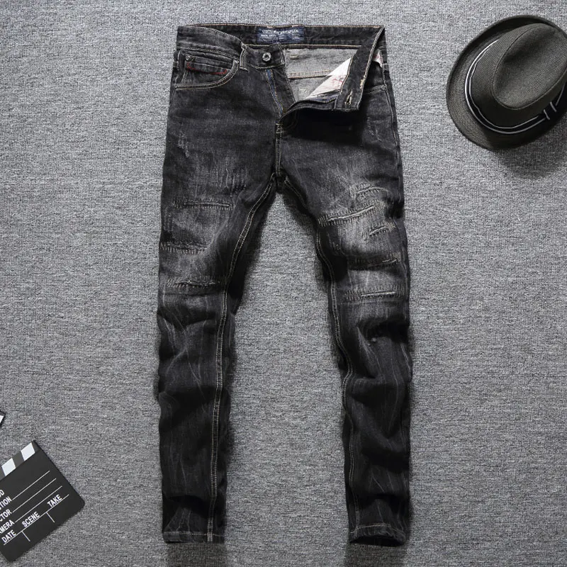 

Italy Style Fashion Men Jeans Black Color Slim Fit Destroyed Ripped Jeans Homme Balplein Brand Jeans Men Biker Jeans Denim Pants