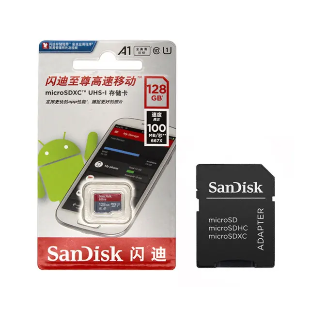 Оригинальная карта Micro SD sandisk Ultra, класс 10, 16 ГБ, 32 ГБ, MicroSD, 64 ГБ, 128 ГБ, A1, 100 МБ/с./с,, карта памяти microSDHC/SDXC UHS-1 - Емкость: A1-TF-128G-SD-Adapte