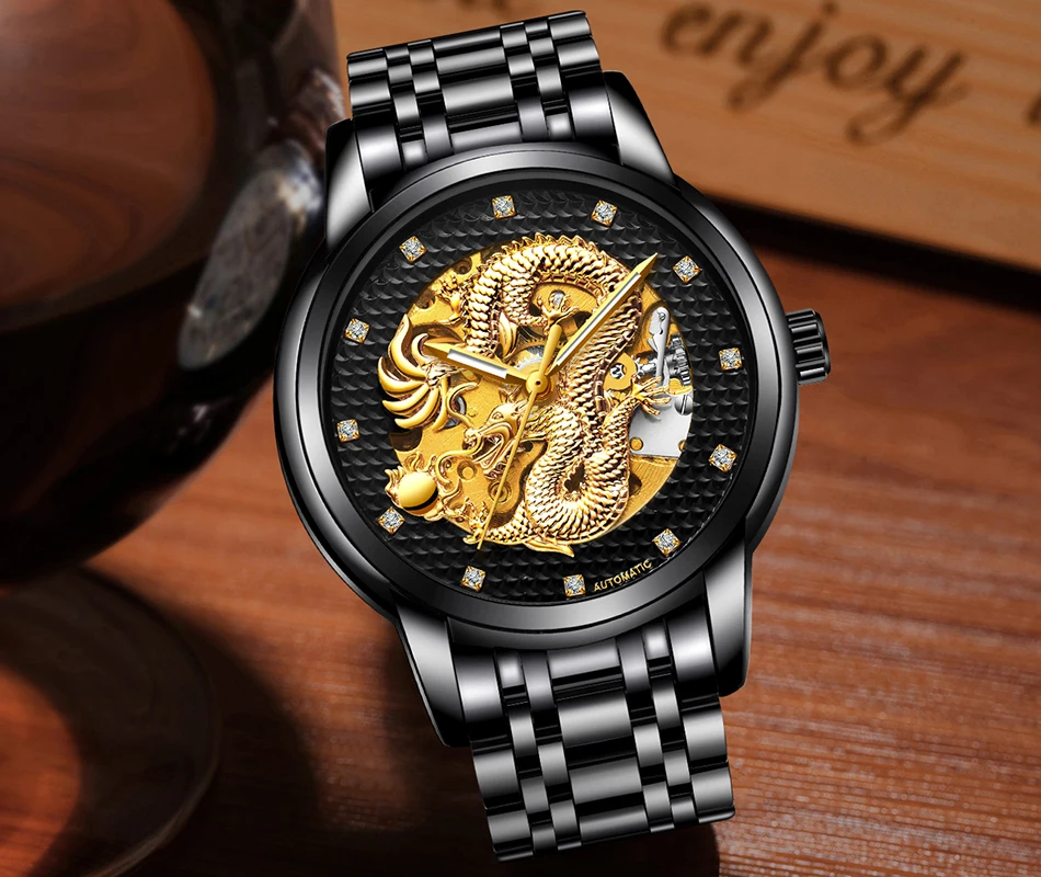 Скелет дракона автоматические механические часы для мужчин наручные часы ремешок из нержавеющей стали золотые часы 30 м водонепроницаемые мужские часы s